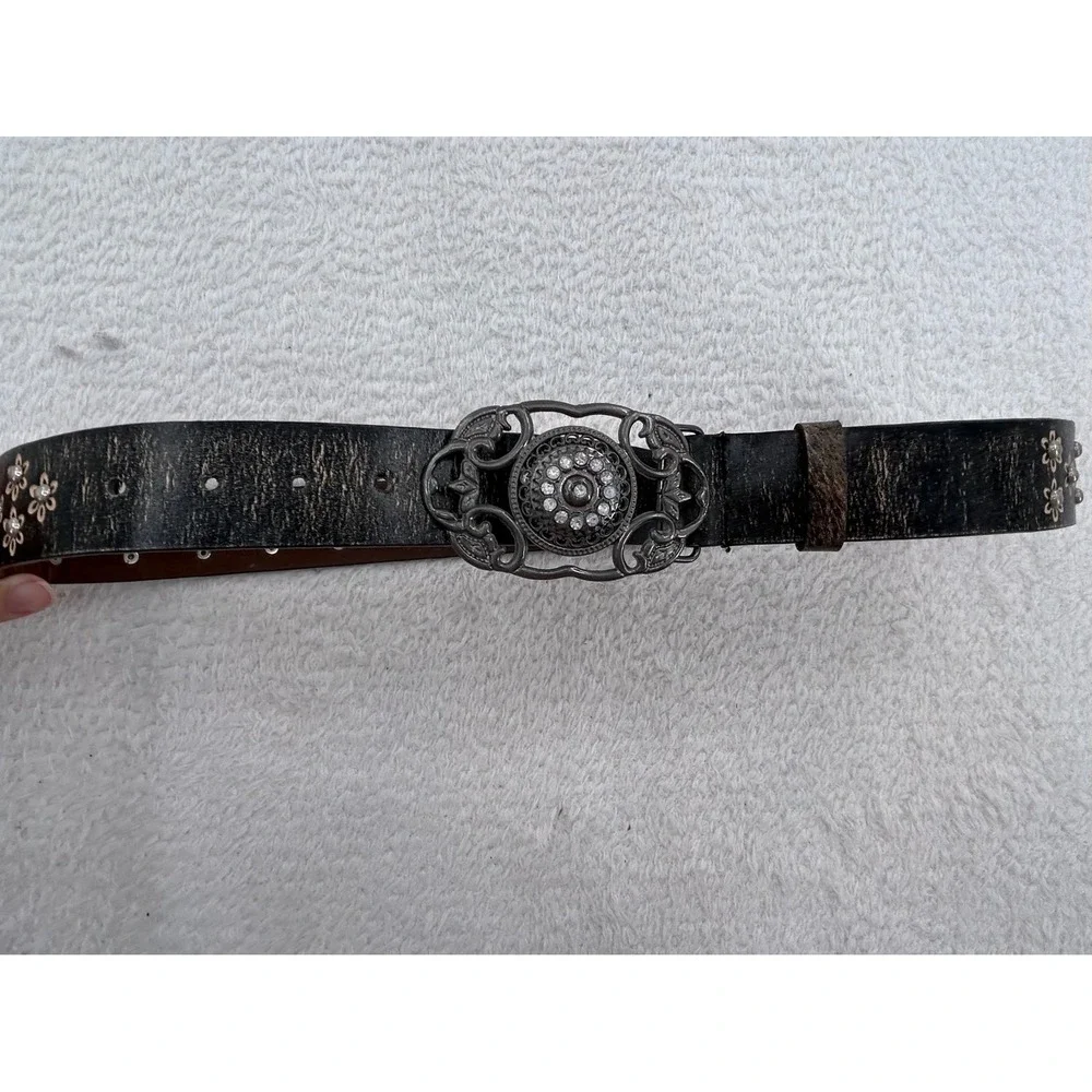 Womens Distressed Black  Floral Studded Rhinestone Rodeo Buckle Belt 1629 L